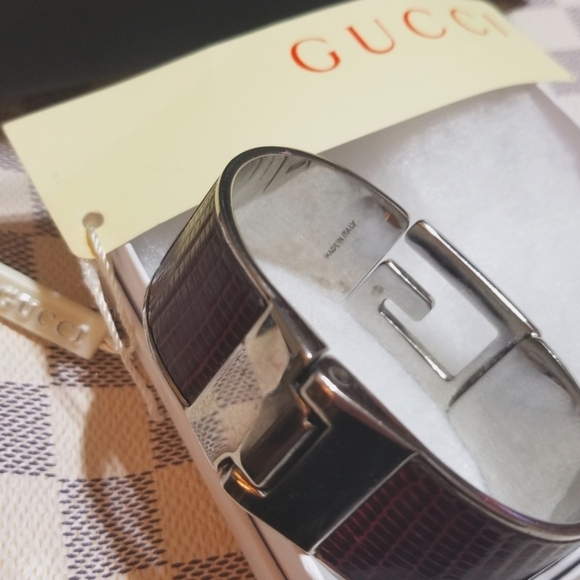 GUCCI Logo Alligator Leather Silver Clamper Bangle Bracelet - Picture 4 of 8